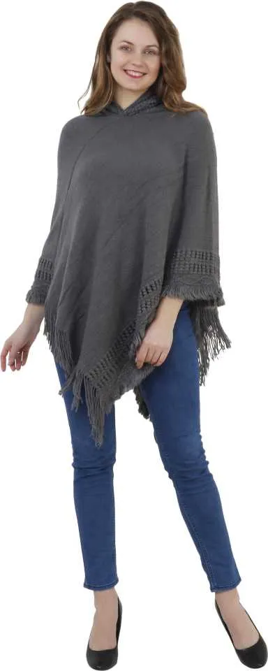 Manra Women Pure Wool Knitted Border Cape Poncho in Grey Colour