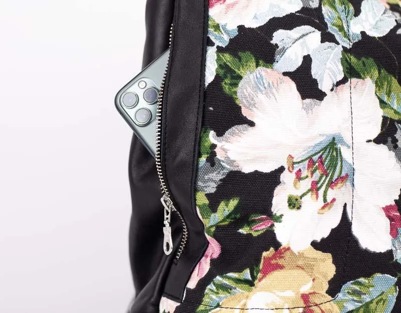 Minos backpack - Black leather & Floral canvas