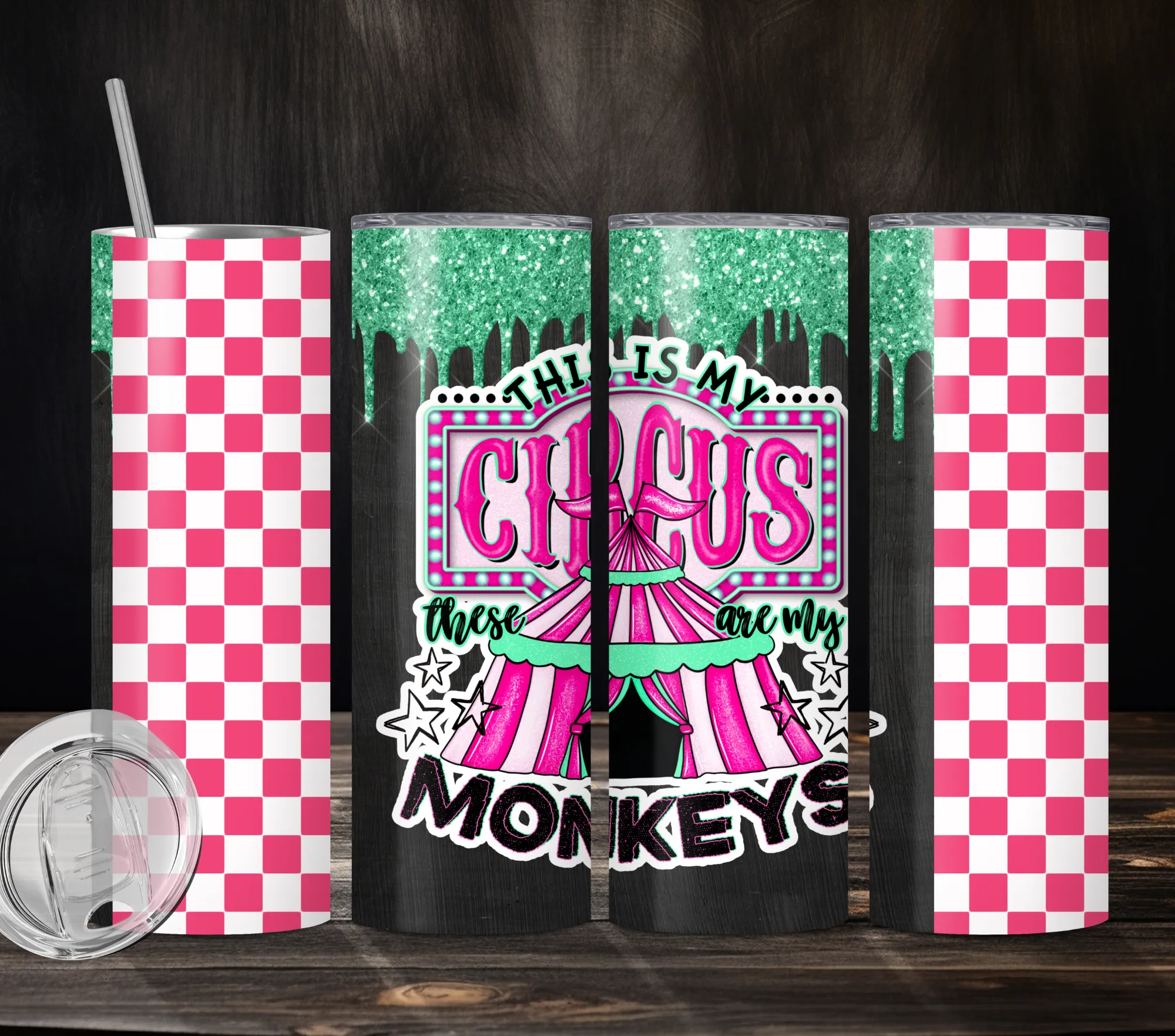 My Monkeys Pink Checker - Digital 20oz Straight Tumbler PNG