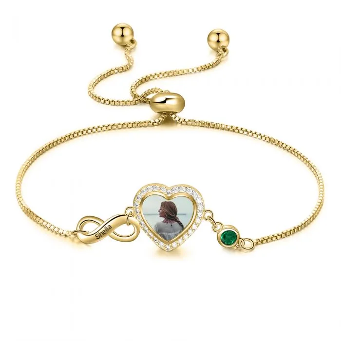 Personalized Heart Photo Infinity Bracelet With Birthstone