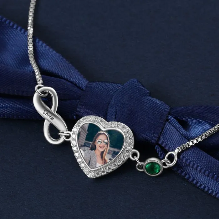 Personalized Heart Photo Infinity Bracelet With Birthstone