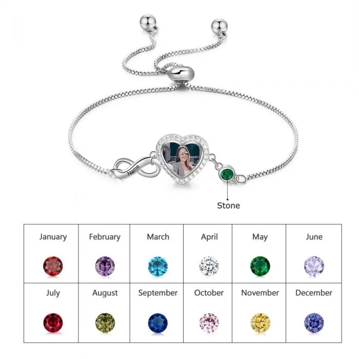 Personalized Heart Photo Infinity Bracelet With Birthstone