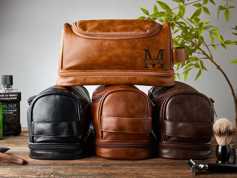 Personalized Leather Toiletry Bag, Groomsmen Gift, Christmas Gift For Him, Anniversary Gift