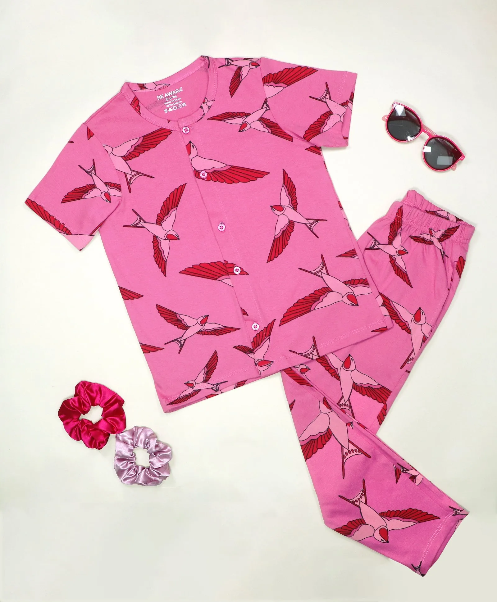 Pink Canaries Pattern Kids Half Sleeves Nightwear Pajama Set