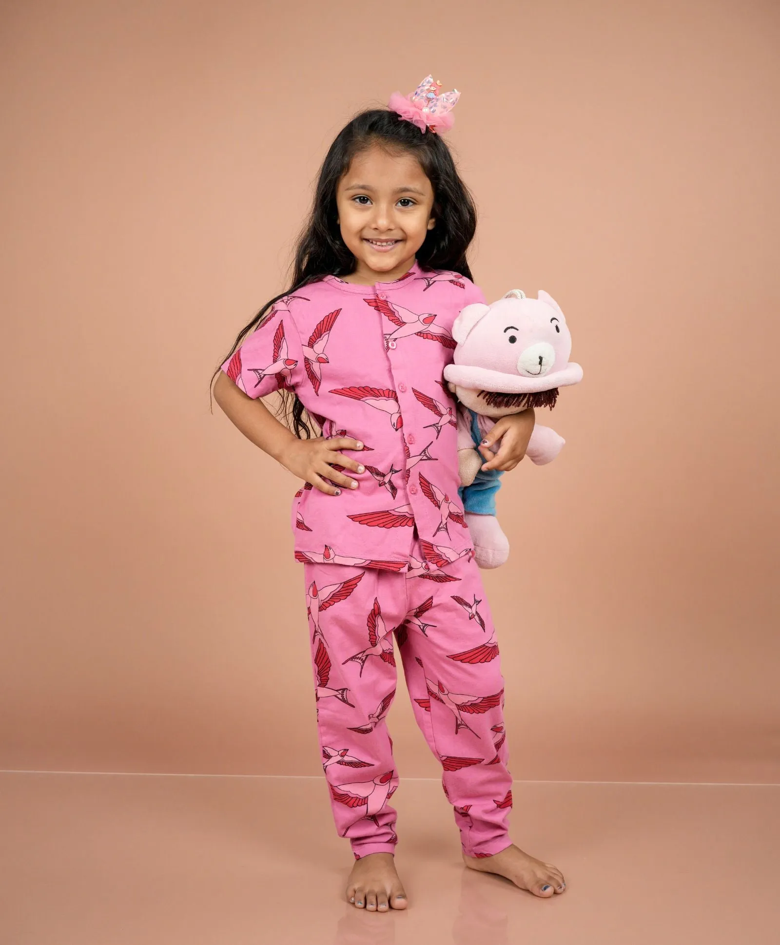 Pink Canaries Pattern Kids Half Sleeves Nightwear Pajama Set