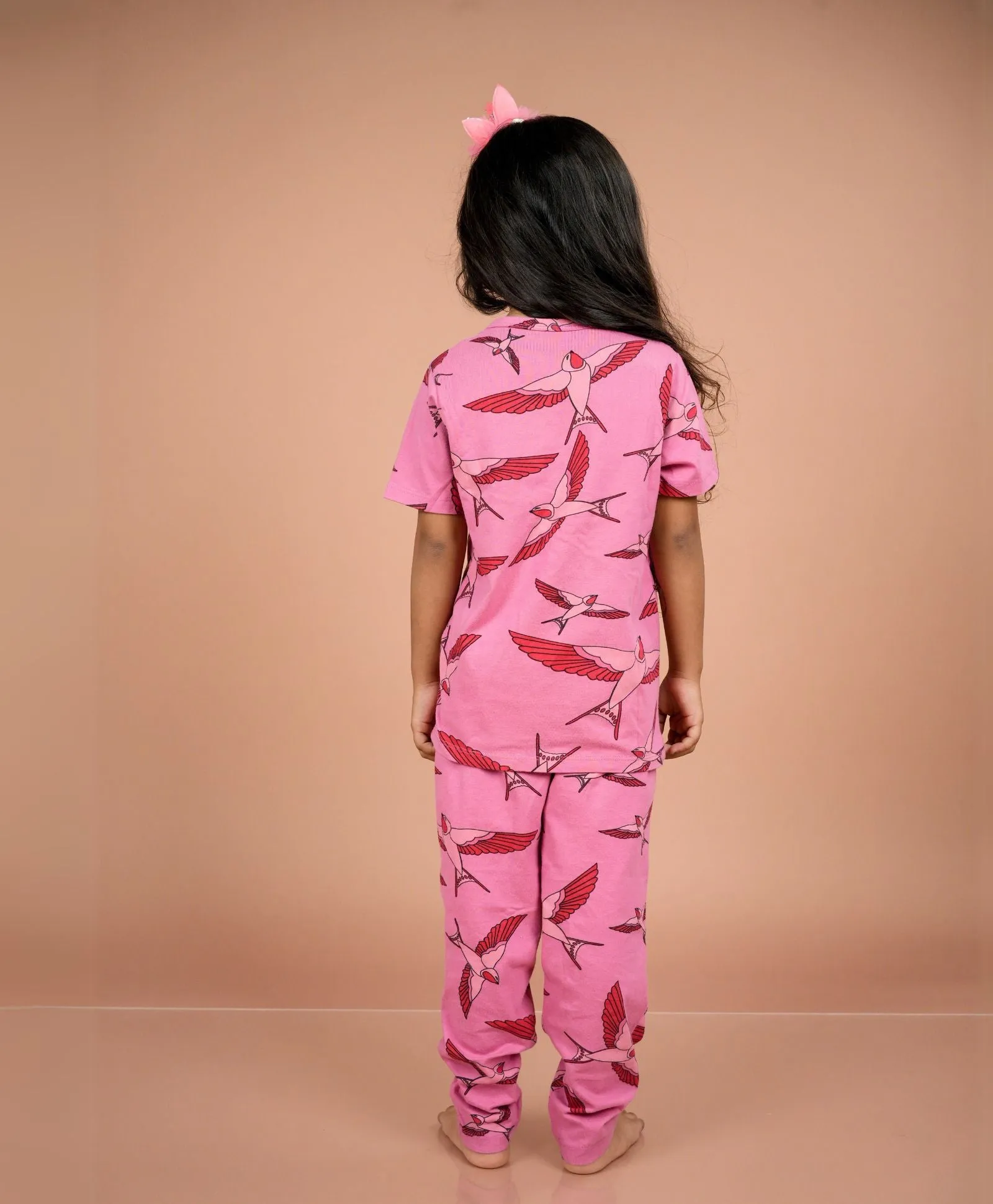 Pink Canaries Pattern Kids Half Sleeves Nightwear Pajama Set