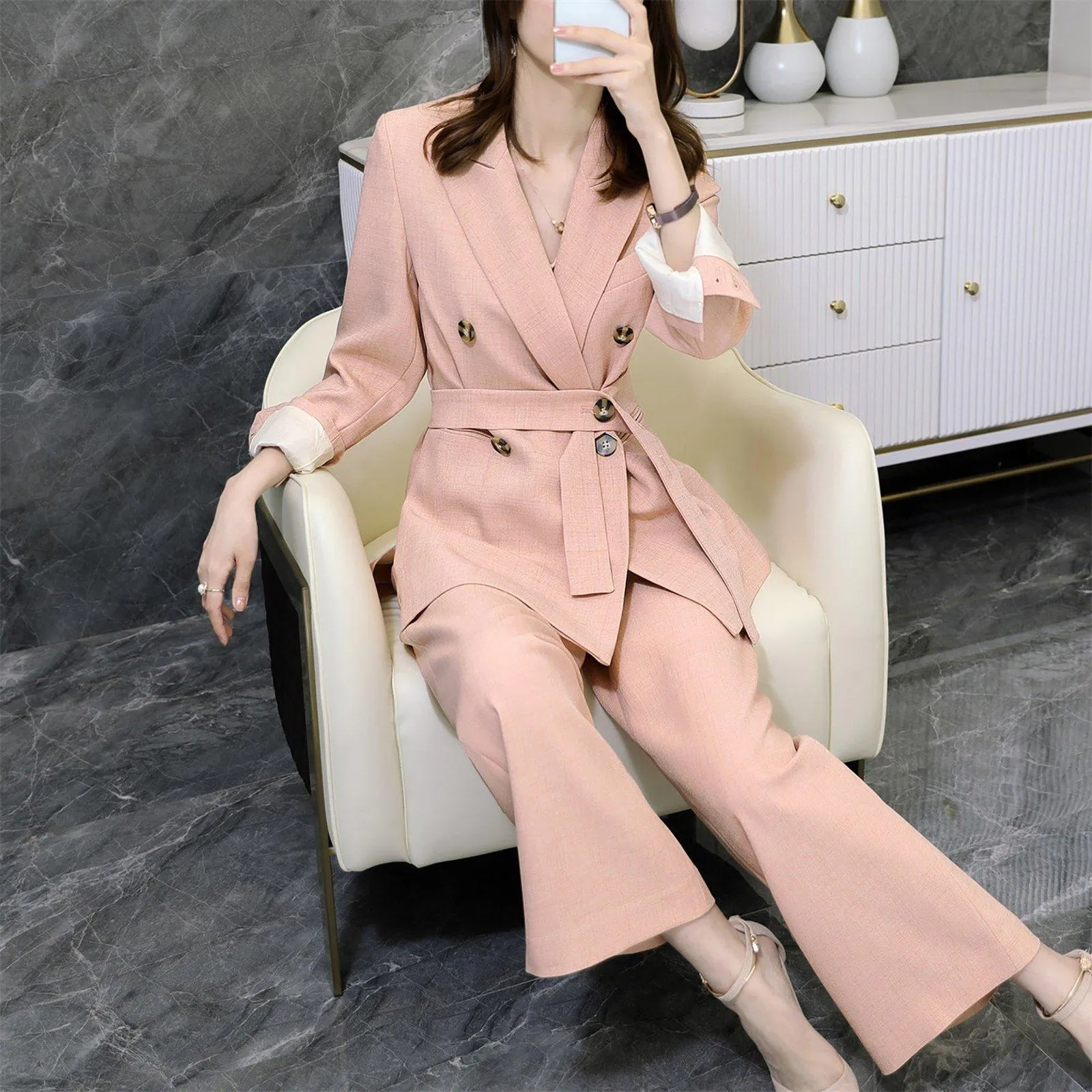 Pink Double Breasted Belted Blazer & Wide Leg Pants Suit