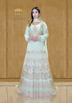 Pistachio and Pink Floral Anarkali Set with Resham Stonework