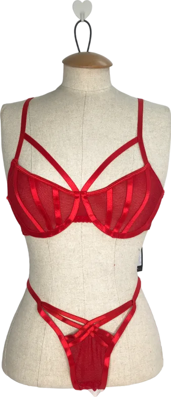 PrettyLittleThing Red Lurex Glitter Mesh Lingerie Set UK S