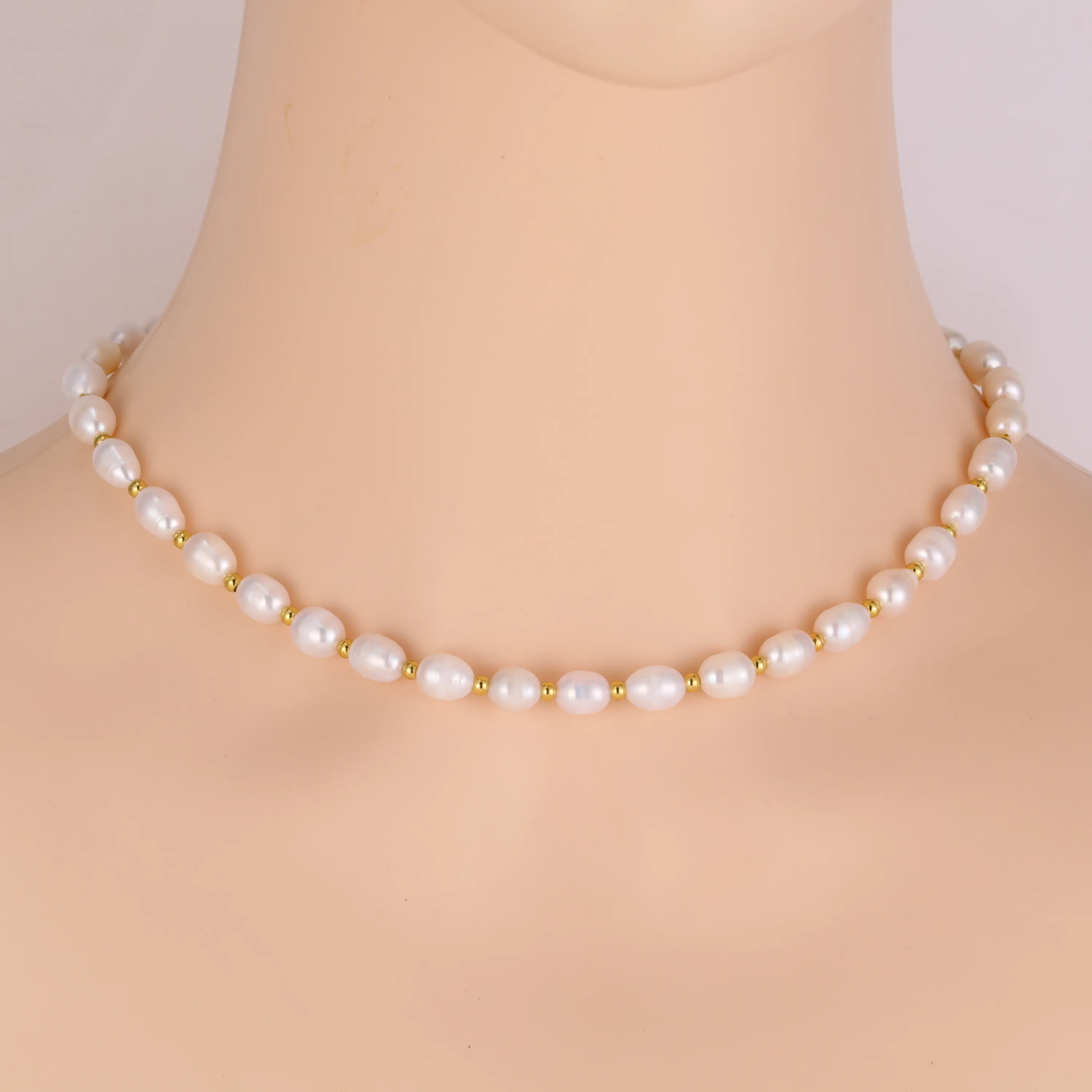 PT801G B.Tiff Gold Plated Stainless Steel Beads Interlaced Freshwater Pearl Necklace