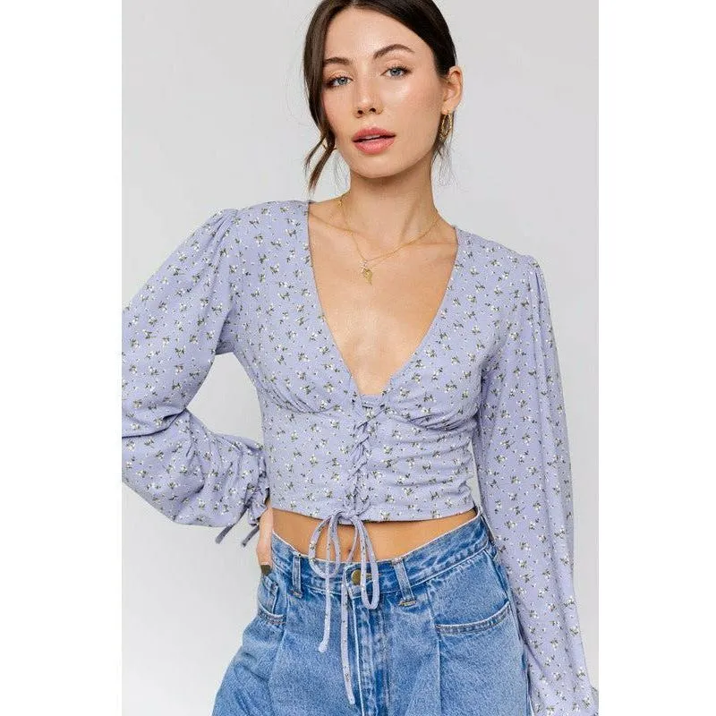 Puff Sleeve Lace Up V Neck Top