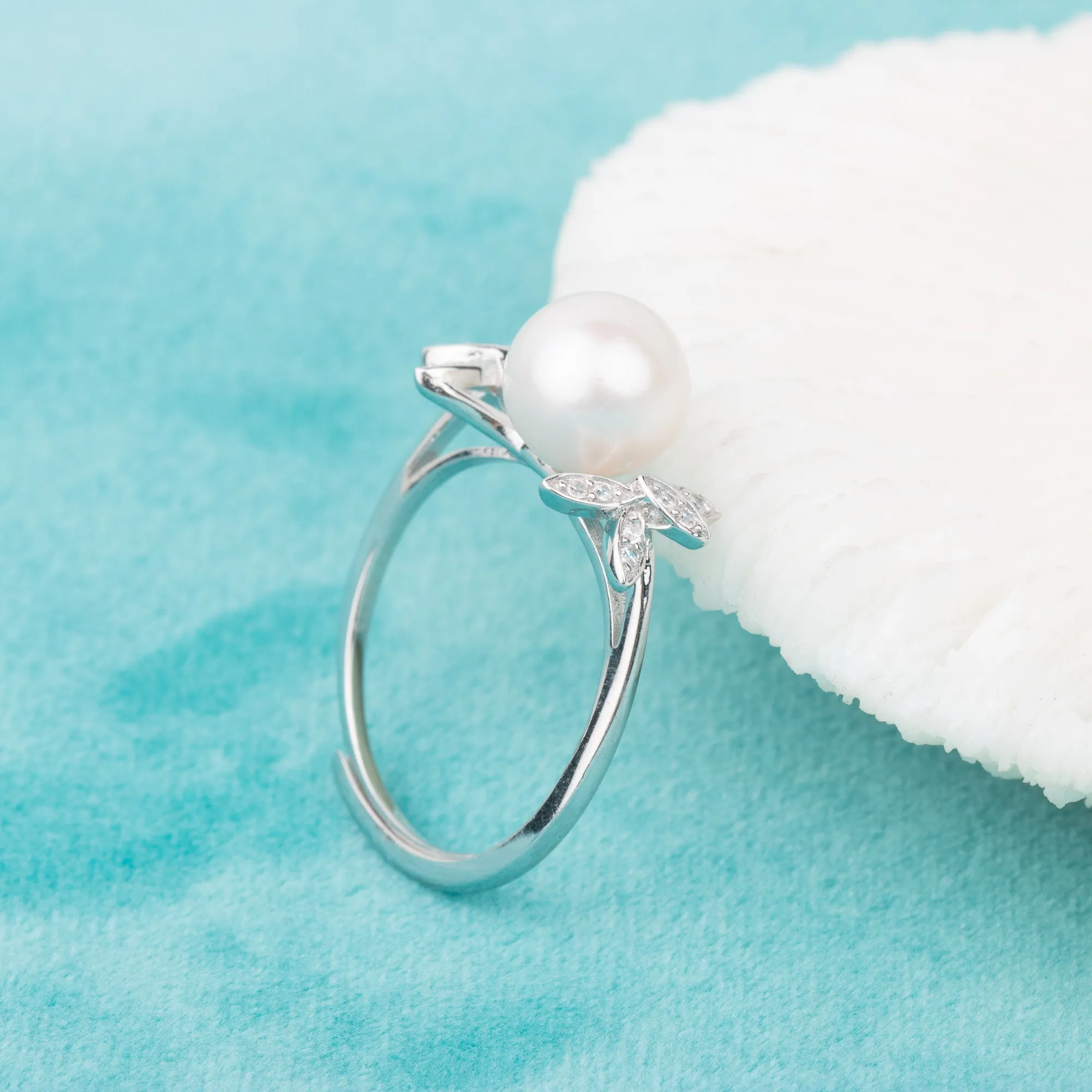 r010628 DIY 7-8mm Natural Freshwater pearl Ring accessory 925 sterling silver Adjustable size engagement jewelry ring for women