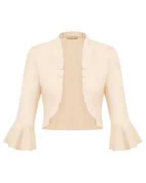 Seckill Offer⌛Ruffled Trim Shrug 3/4 Bell Sleeve Open Front Cropped Bolero