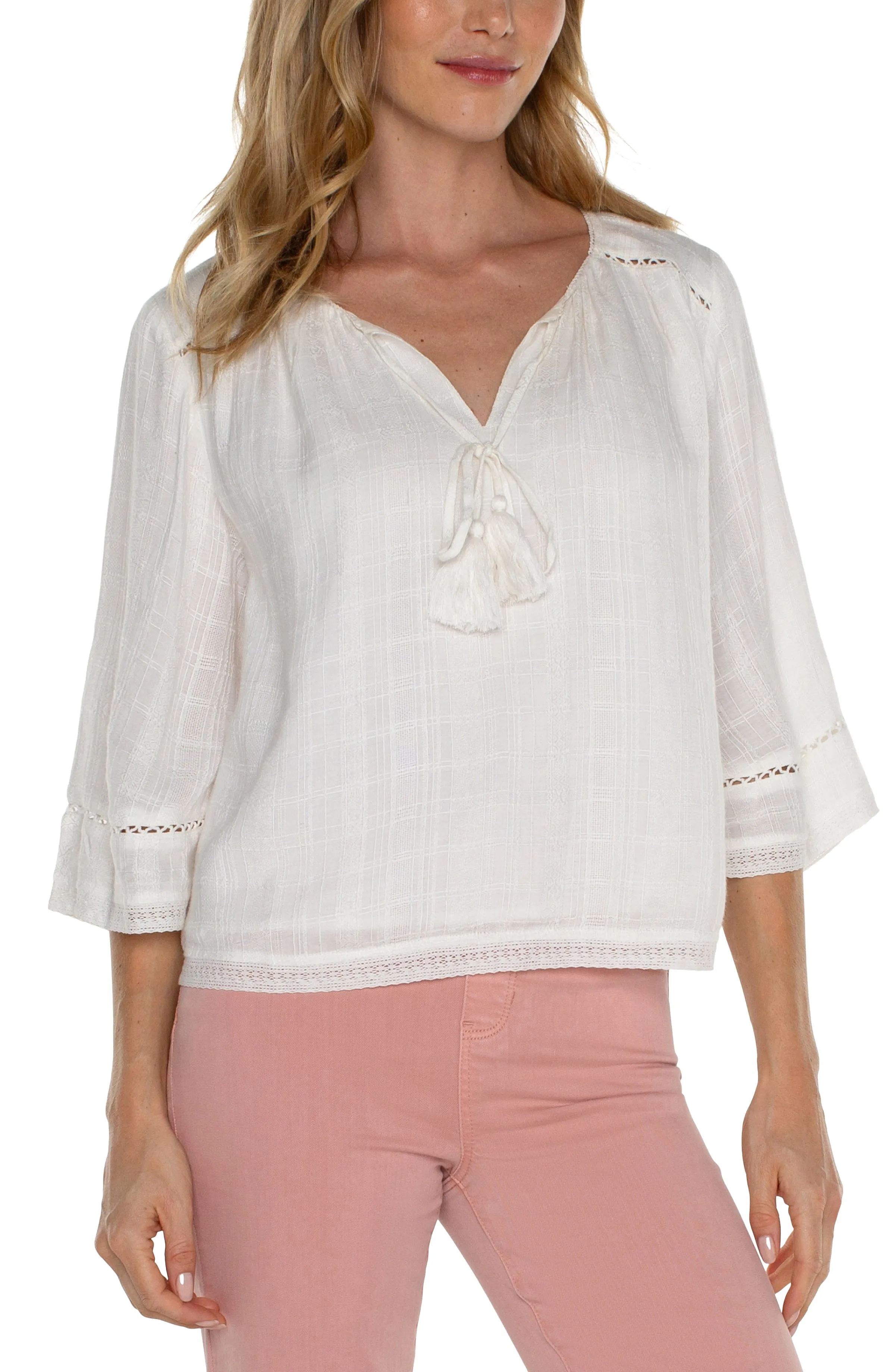 SHIRRED WOVEN TIE FRONT TOP