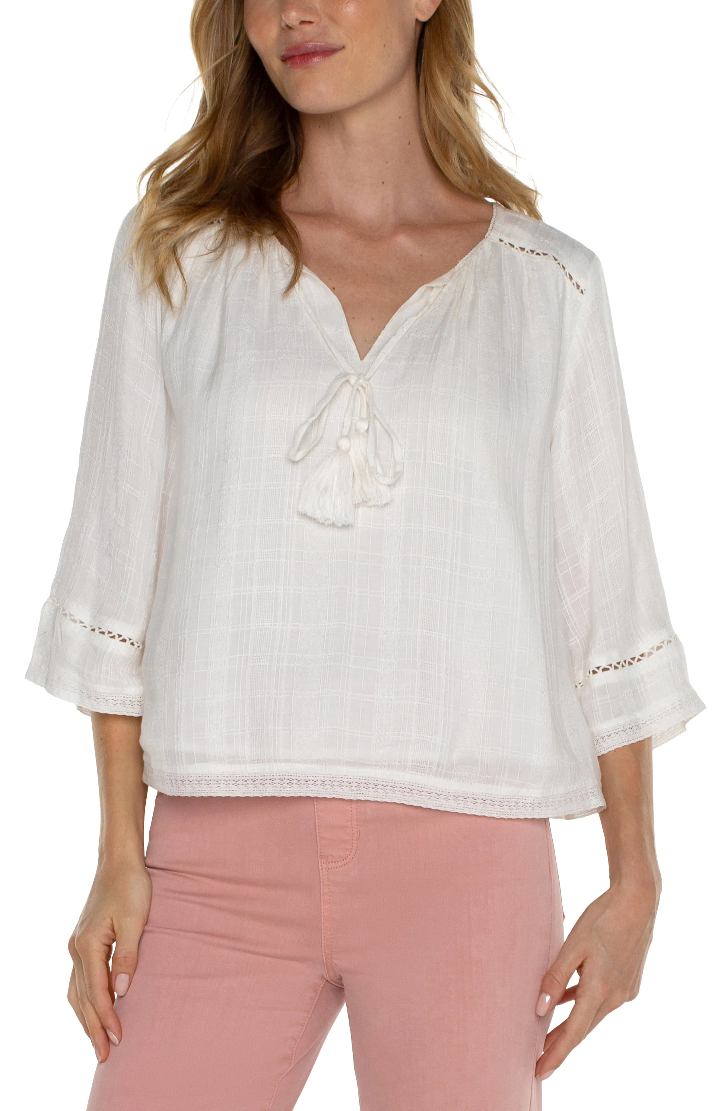 SHIRRED WOVEN TIE FRONT TOP