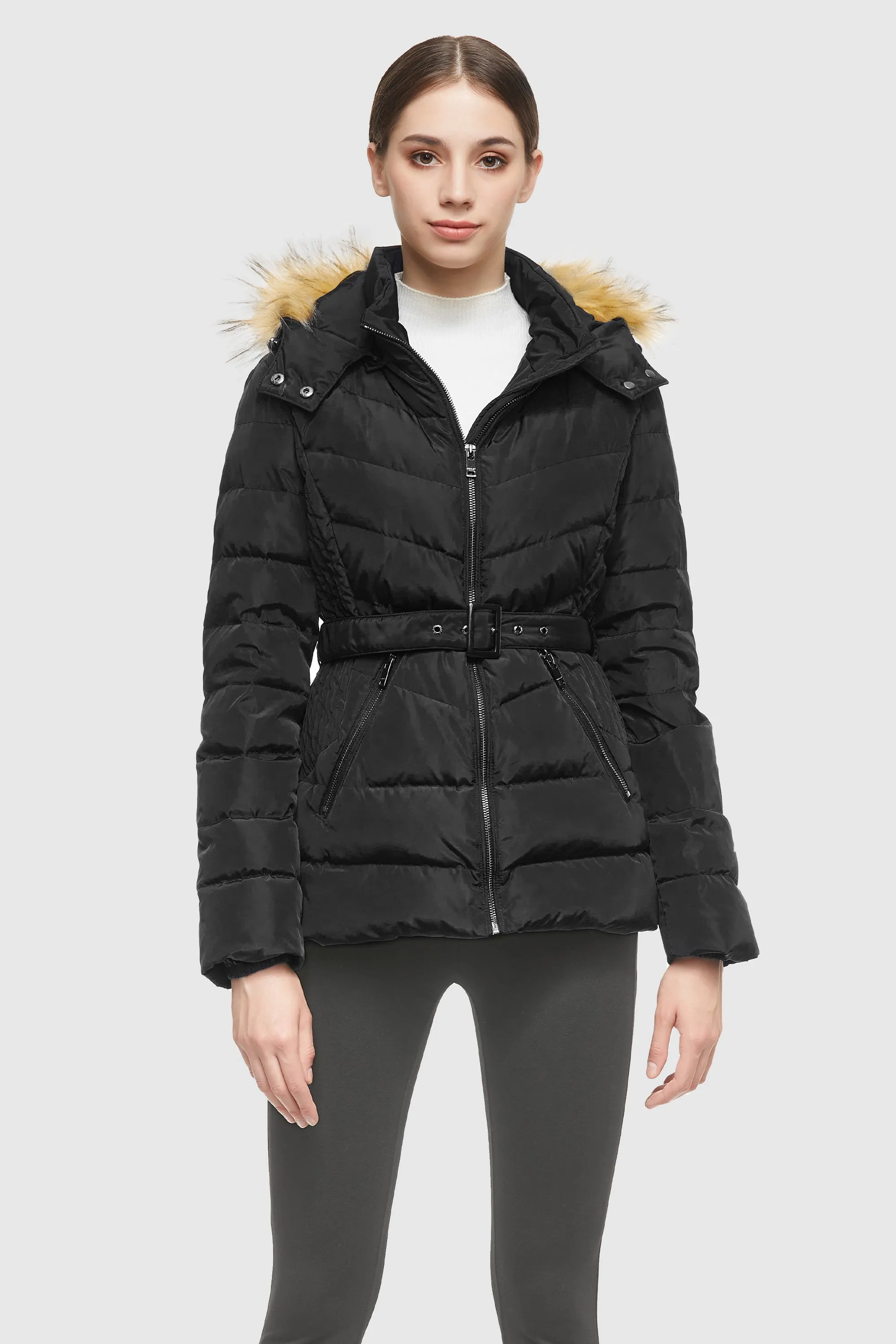 Short Down Coat with Removable Elastic Belt