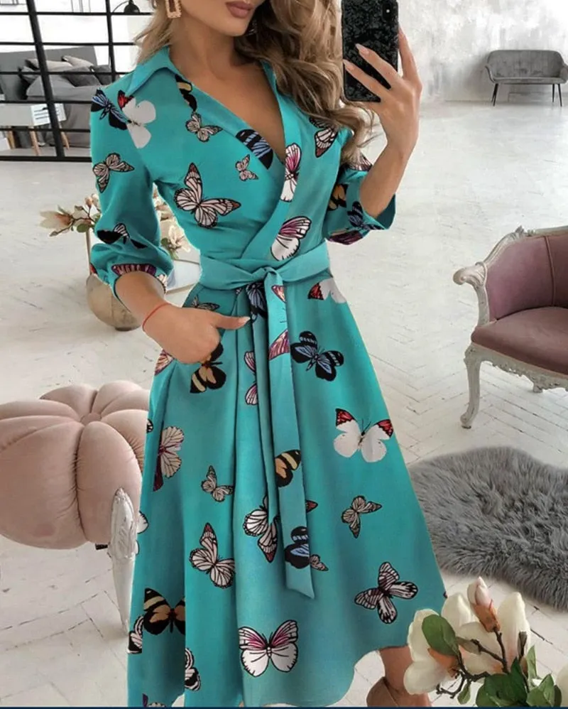 Spring Summer Lady Cover Up Womens Shirt Dress Wave Print Long Sleeve V-Neck Casual Loose Holiday Midi Dress