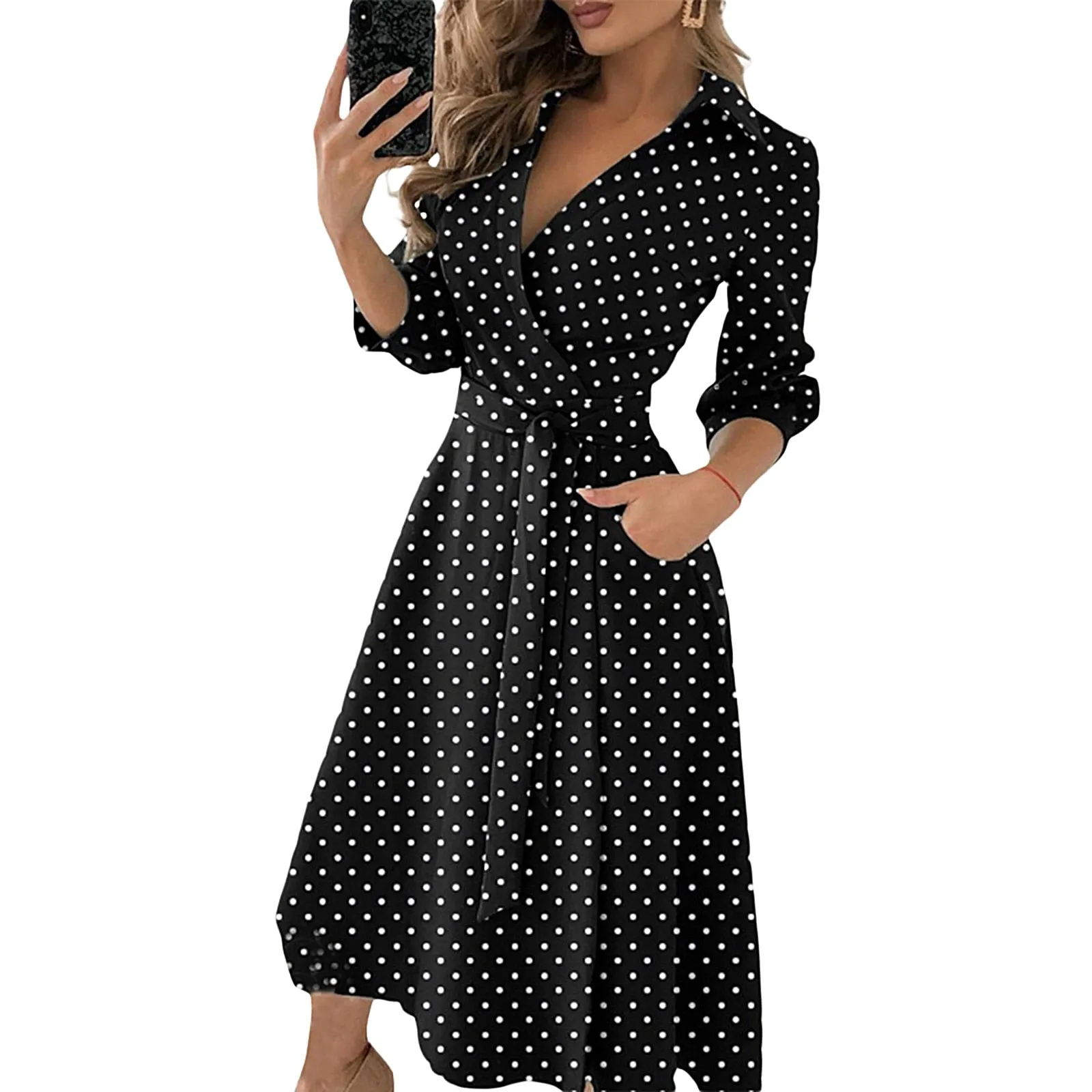 Spring Summer Lady Cover Up Womens Shirt Dress Wave Print Long Sleeve V-Neck Casual Loose Holiday Midi Dress