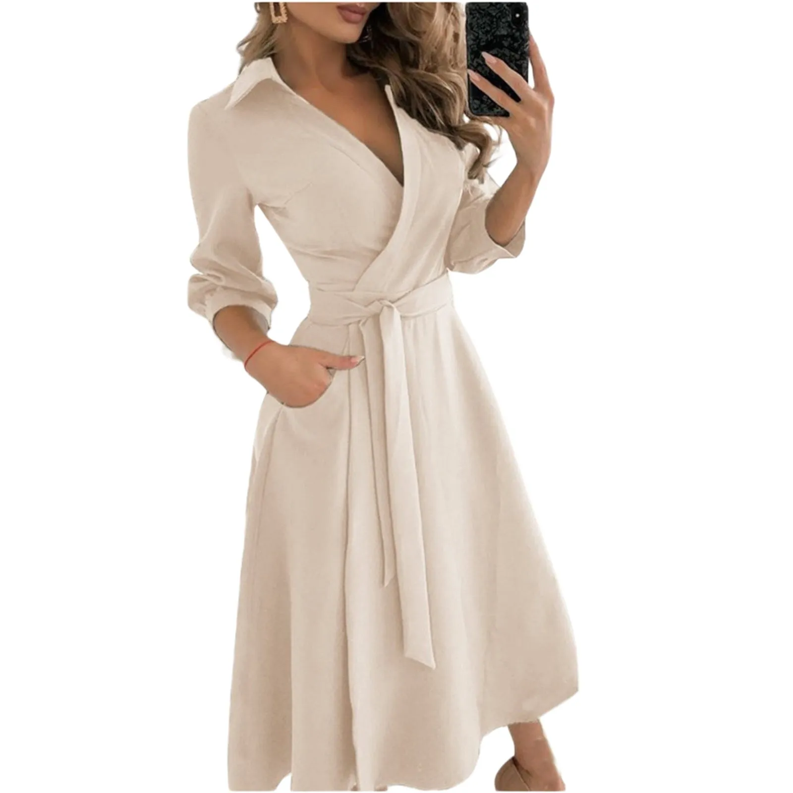 Spring Summer Lady Cover Up Womens Shirt Dress Wave Print Long Sleeve V-Neck Casual Loose Holiday Midi Dress