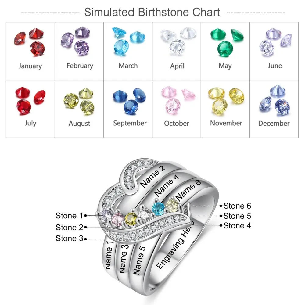 Sterling Silver Personalized 6 Names And Birthstones Engraved Ring