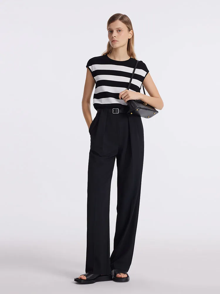 Straight Pleated Women Pants With Belt