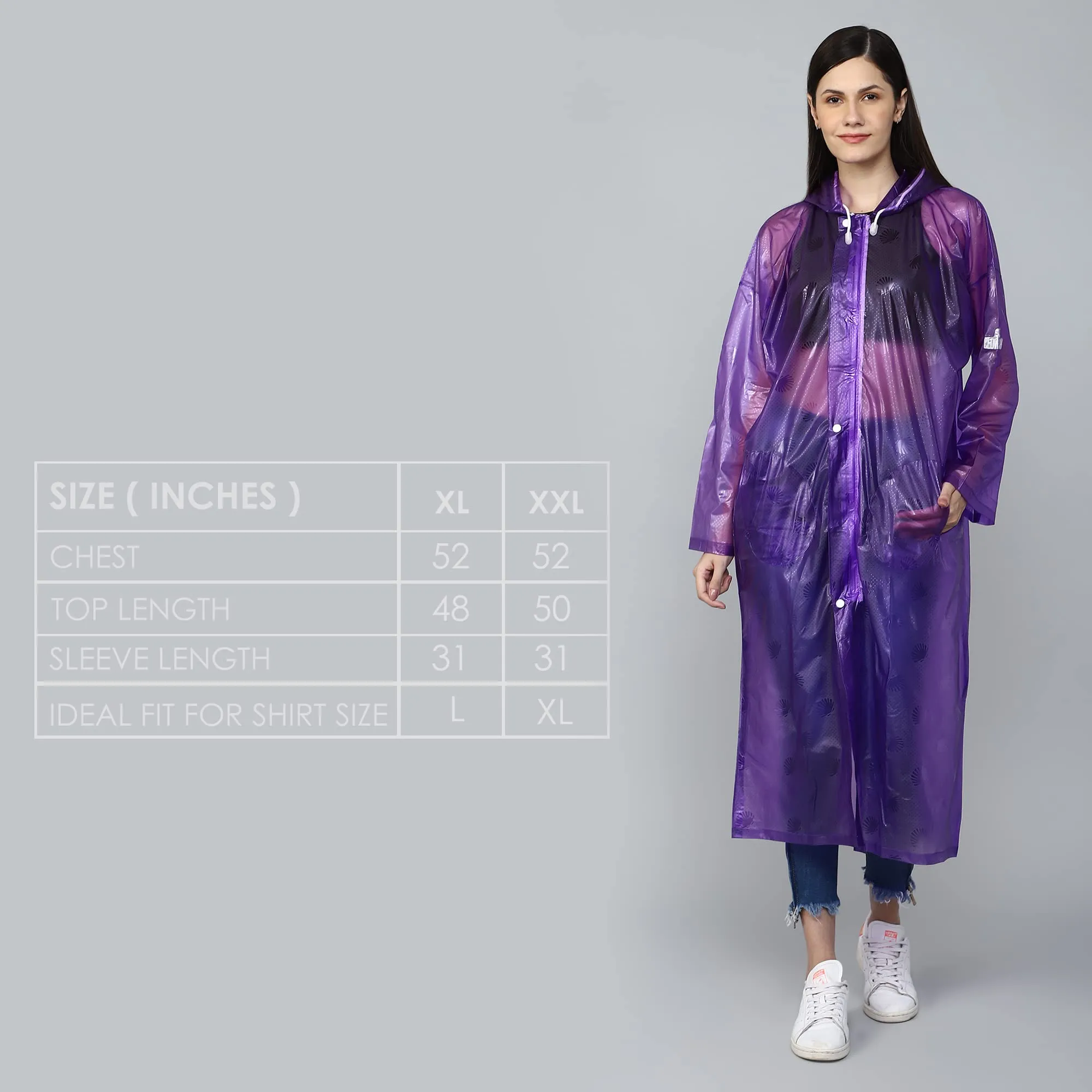 THE CLOWNFISH Cindrella Series Womens Waterproof PVC Self Design Longcoat/Raincoat with Adjustable Hood (Purple, XX-Large)