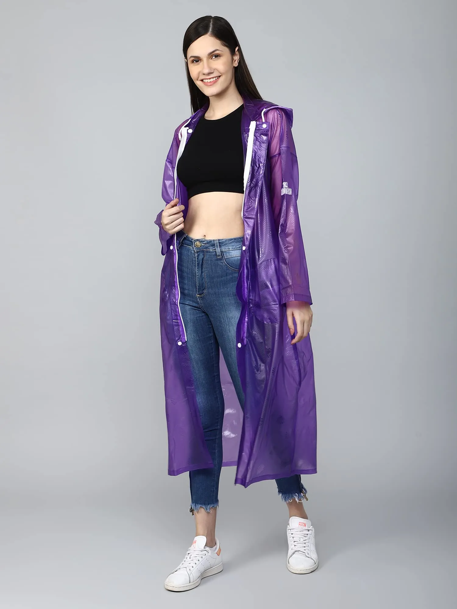 THE CLOWNFISH Cindrella Series Womens Waterproof PVC Self Design Longcoat/Raincoat with Adjustable Hood (Purple, XX-Large)