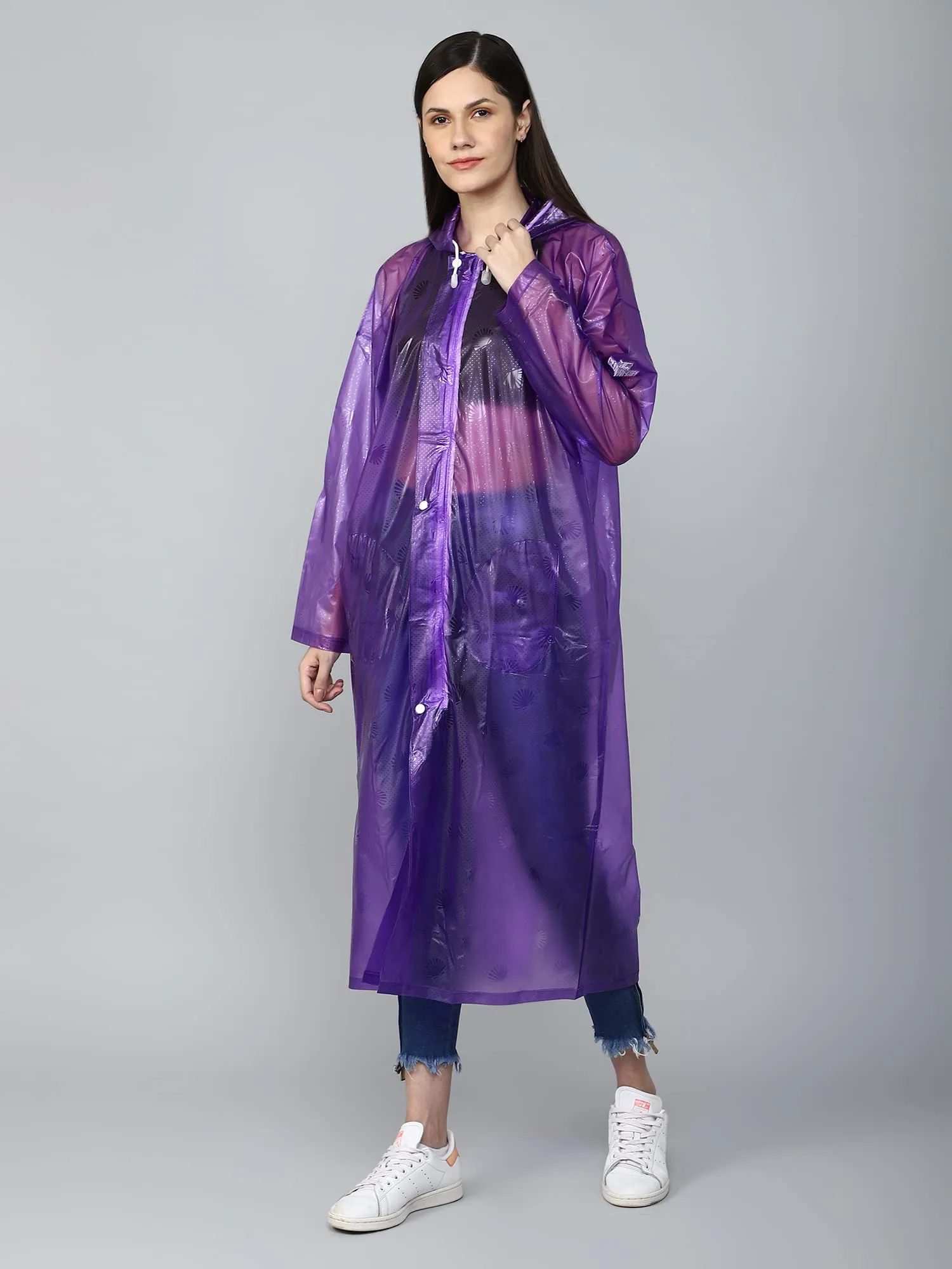 THE CLOWNFISH Cindrella Series Womens Waterproof PVC Self Design Longcoat/Raincoat with Adjustable Hood (Purple, XX-Large)