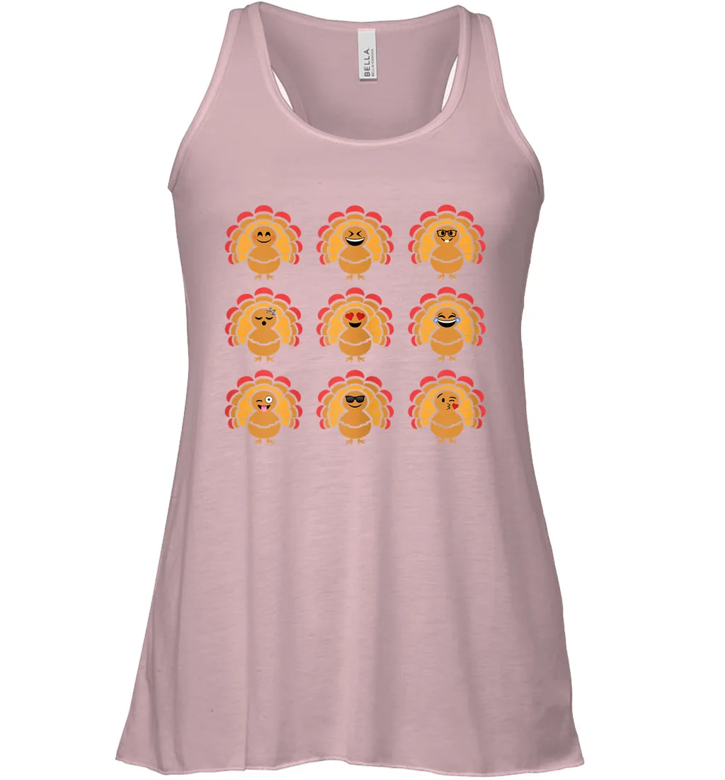 Trending Turkey Face Emoij Characters Collage Funny Thanksgiving Racerback Tank