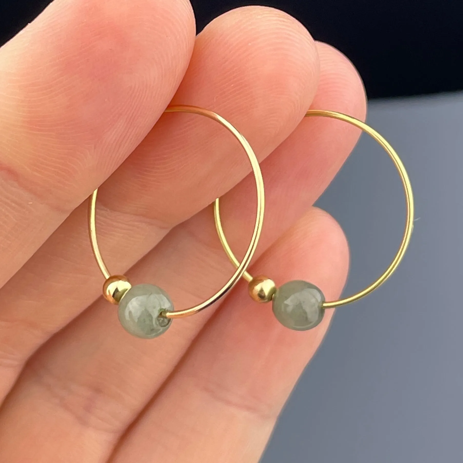 Vintage 14K Gold Jade Ball Hoop Earrings