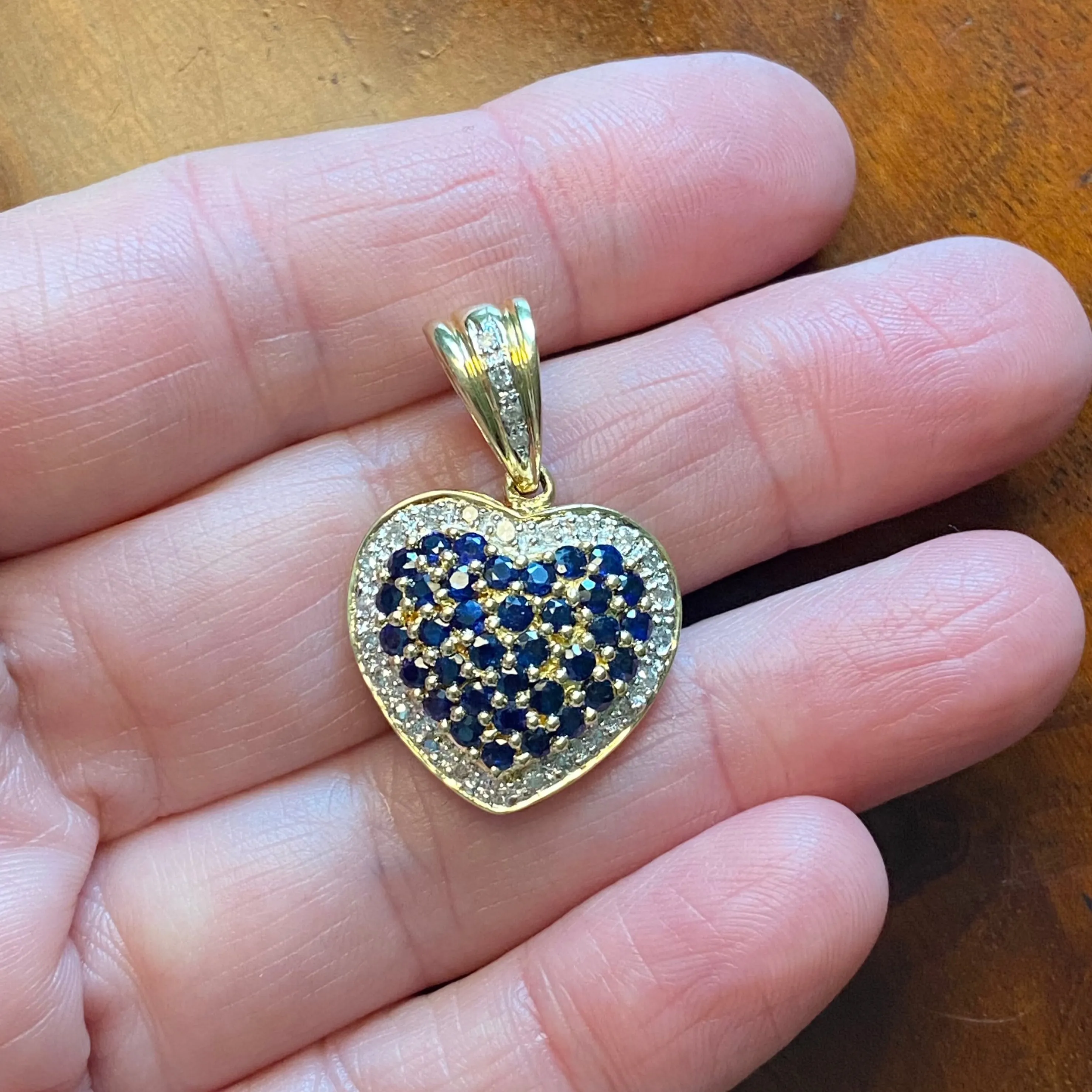 Vintage 14K Gold Sapphire & Diamond Puffy Heart Pendant