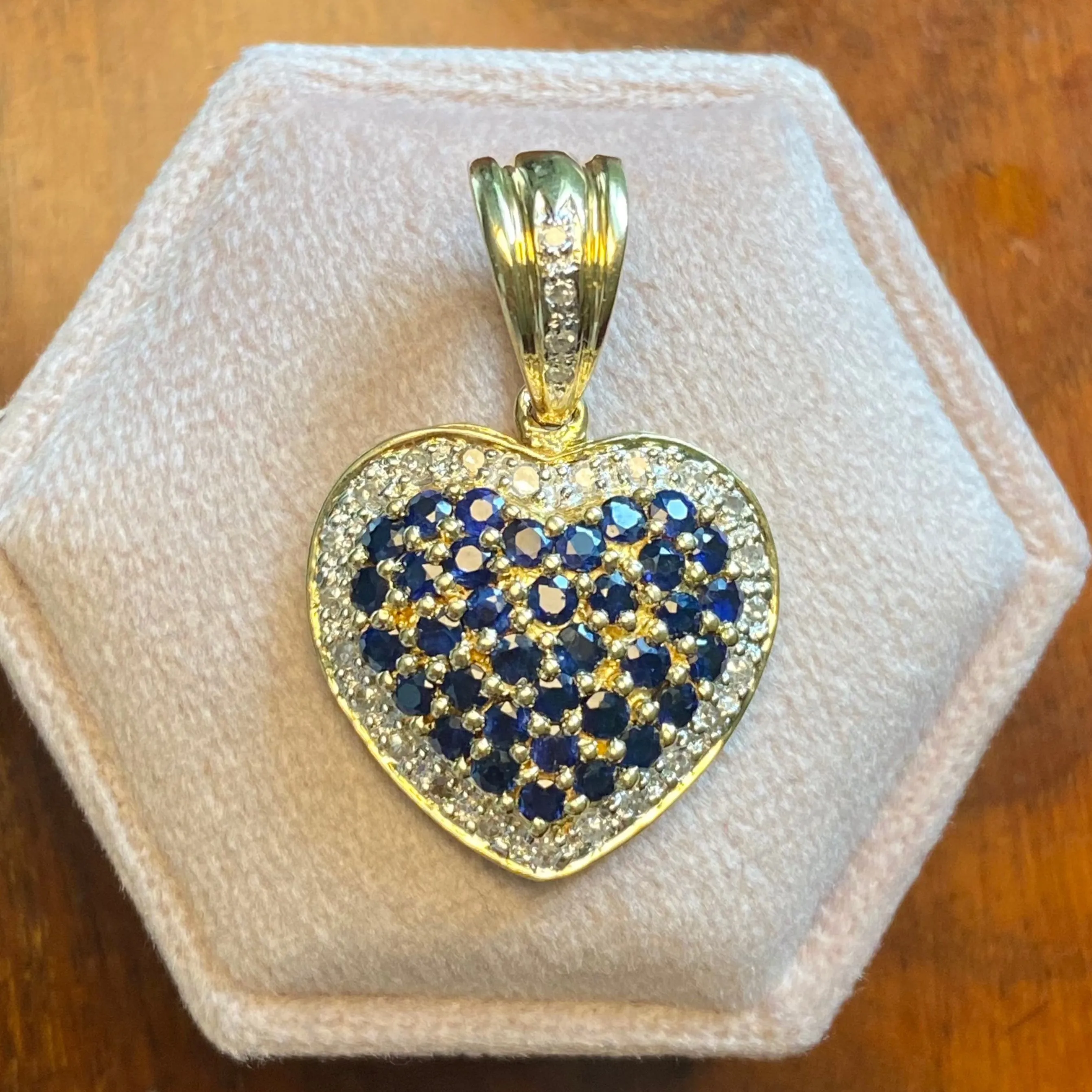 Vintage 14K Gold Sapphire & Diamond Puffy Heart Pendant