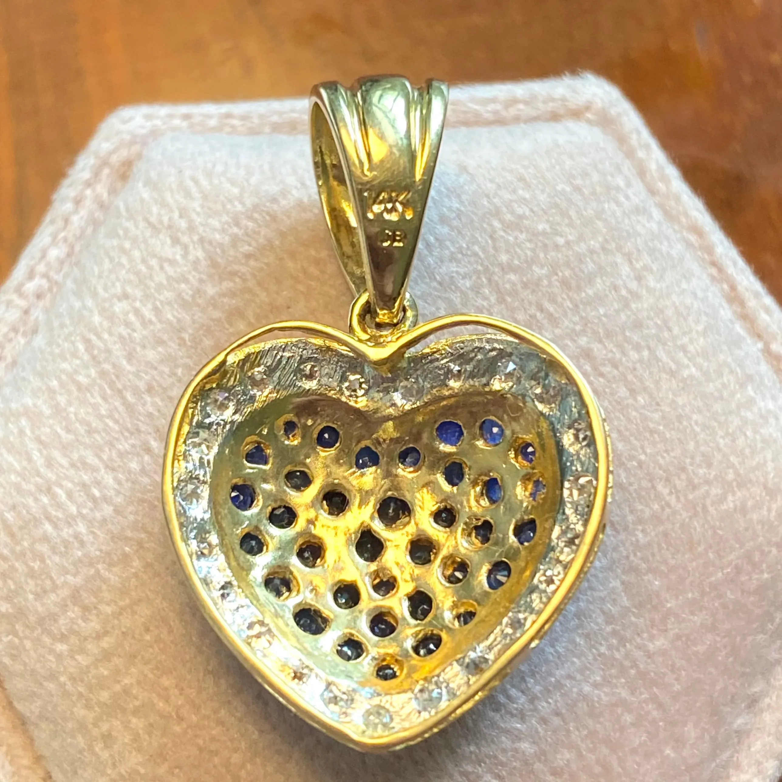 Vintage 14K Gold Sapphire & Diamond Puffy Heart Pendant