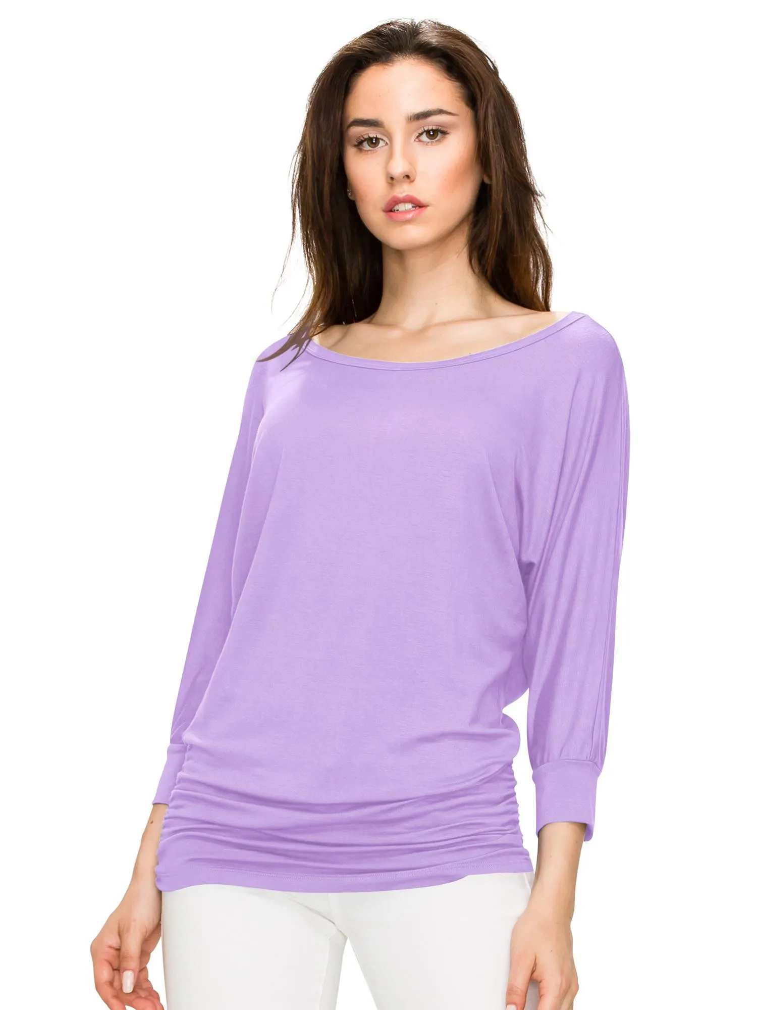 Women's Crew Neck 3/4 Sleeve Drape Dolman Top with Side Shirring