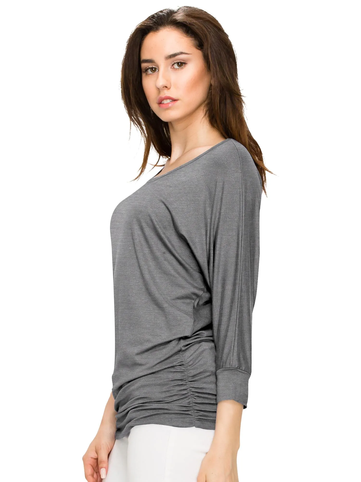 Women's Crew Neck 3/4 Sleeve Drape Dolman Top with Side Shirring