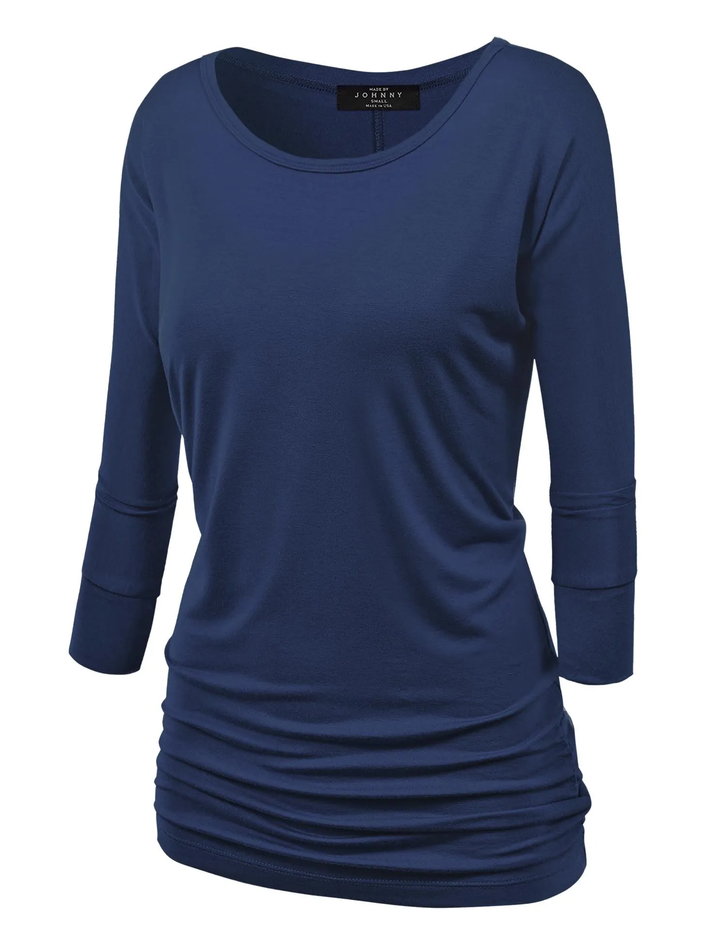 Women's Crew Neck 3/4 Sleeve Drape Dolman Top with Side Shirring