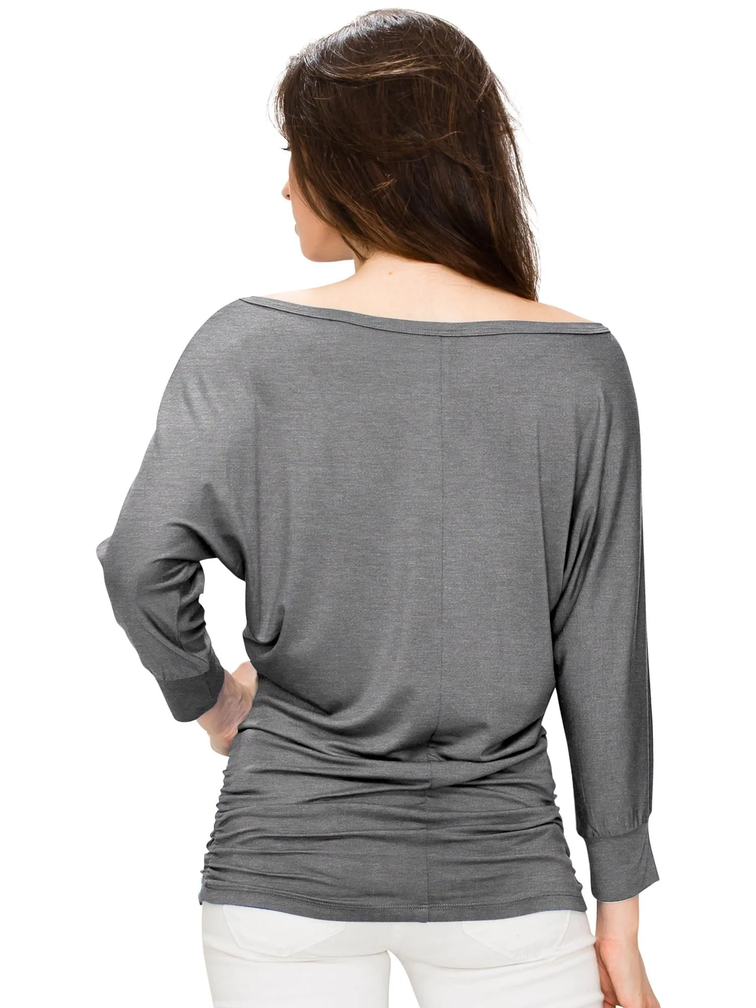 Women's Crew Neck 3/4 Sleeve Drape Dolman Top with Side Shirring