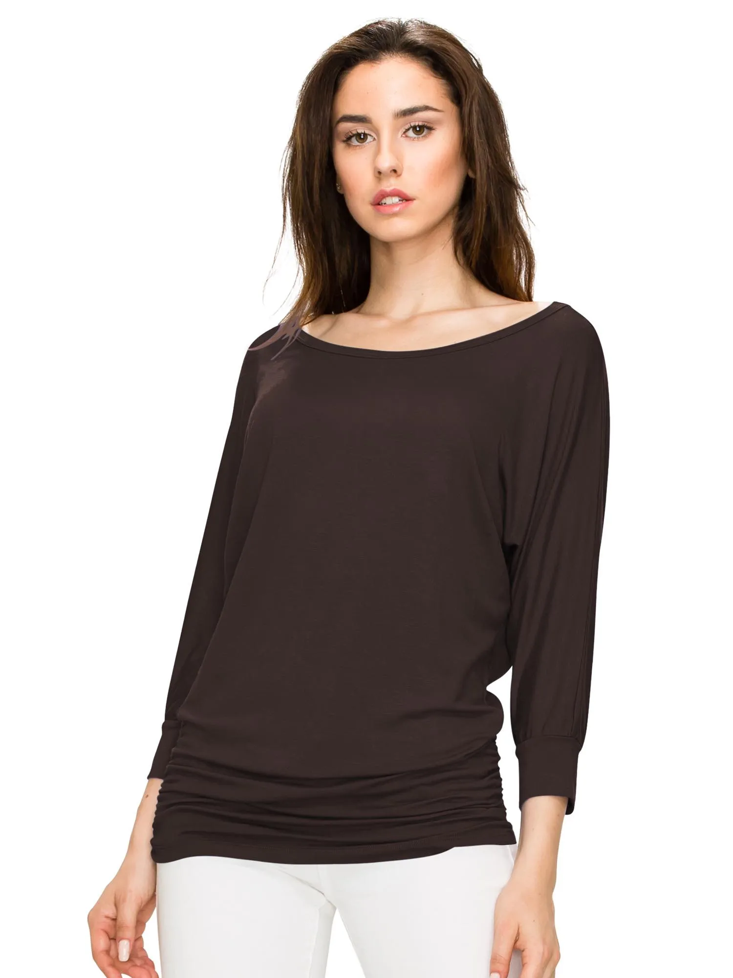 Women's Crew Neck 3/4 Sleeve Drape Dolman Top with Side Shirring