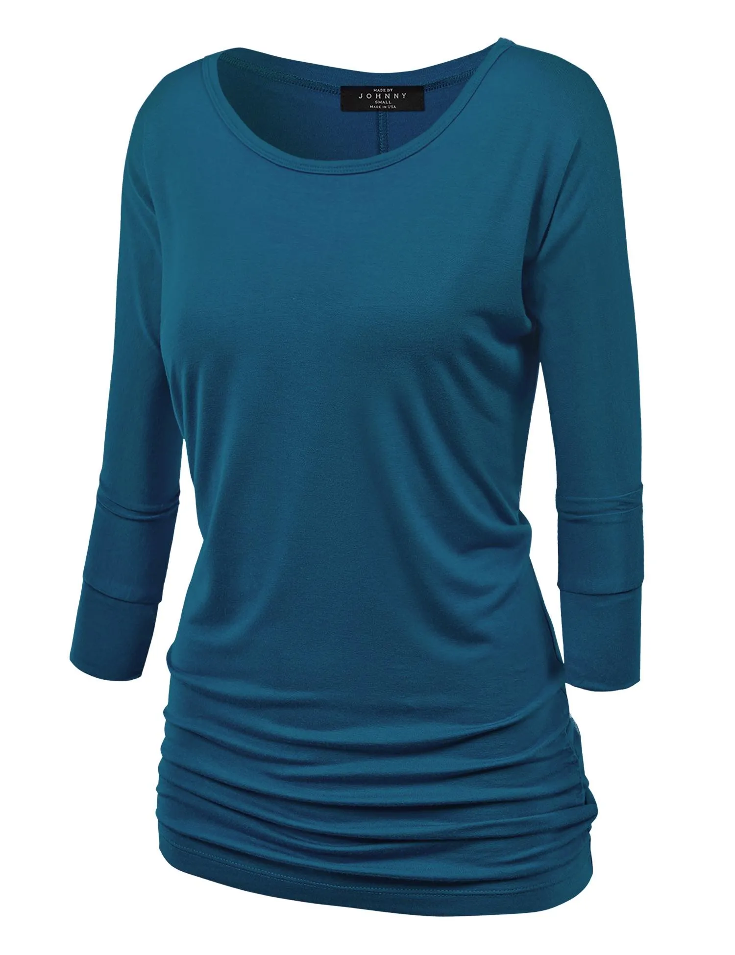 Women's Crew Neck 3/4 Sleeve Drape Dolman Top with Side Shirring