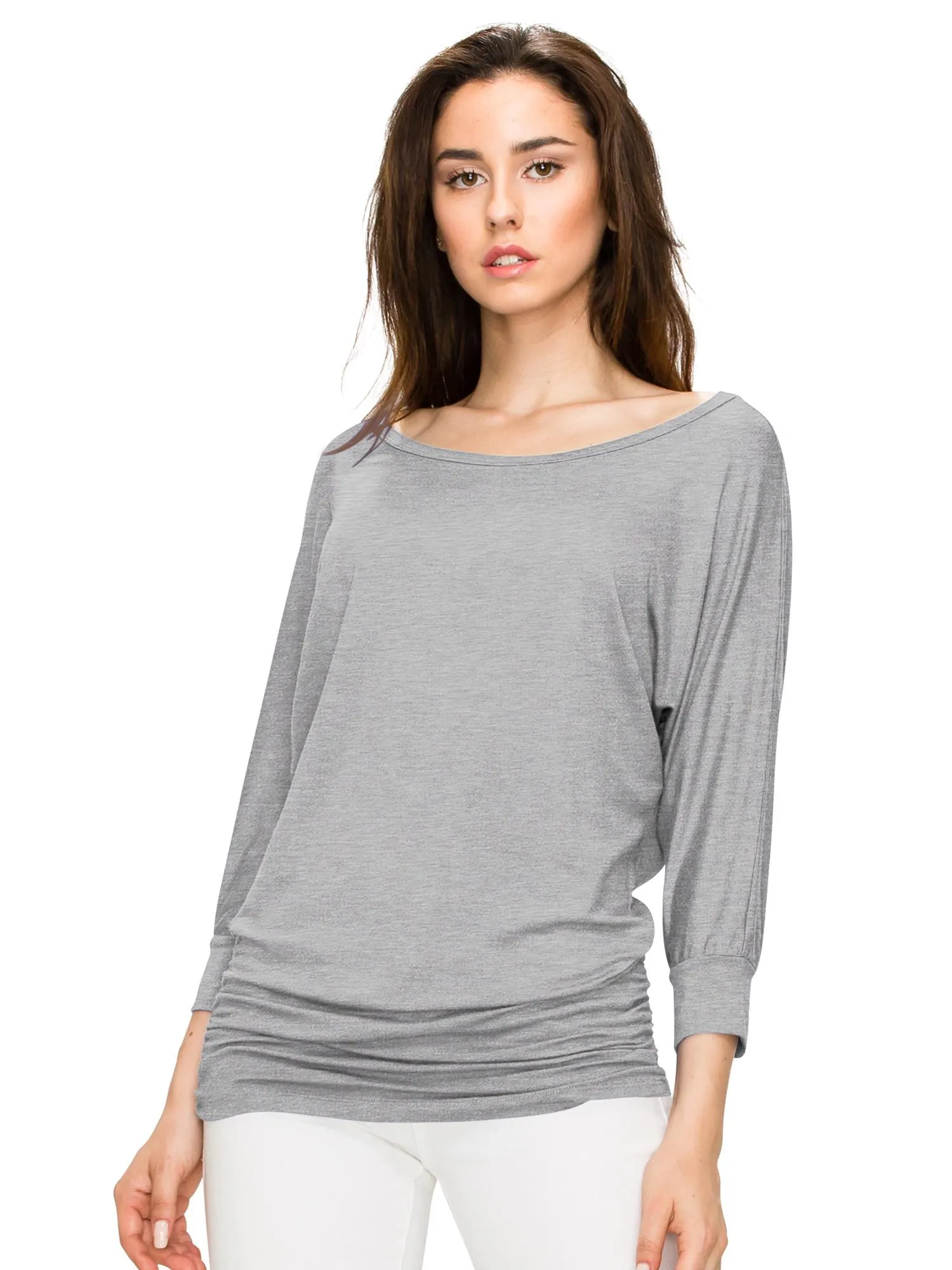 Women's Crew Neck 3/4 Sleeve Drape Dolman Top with Side Shirring