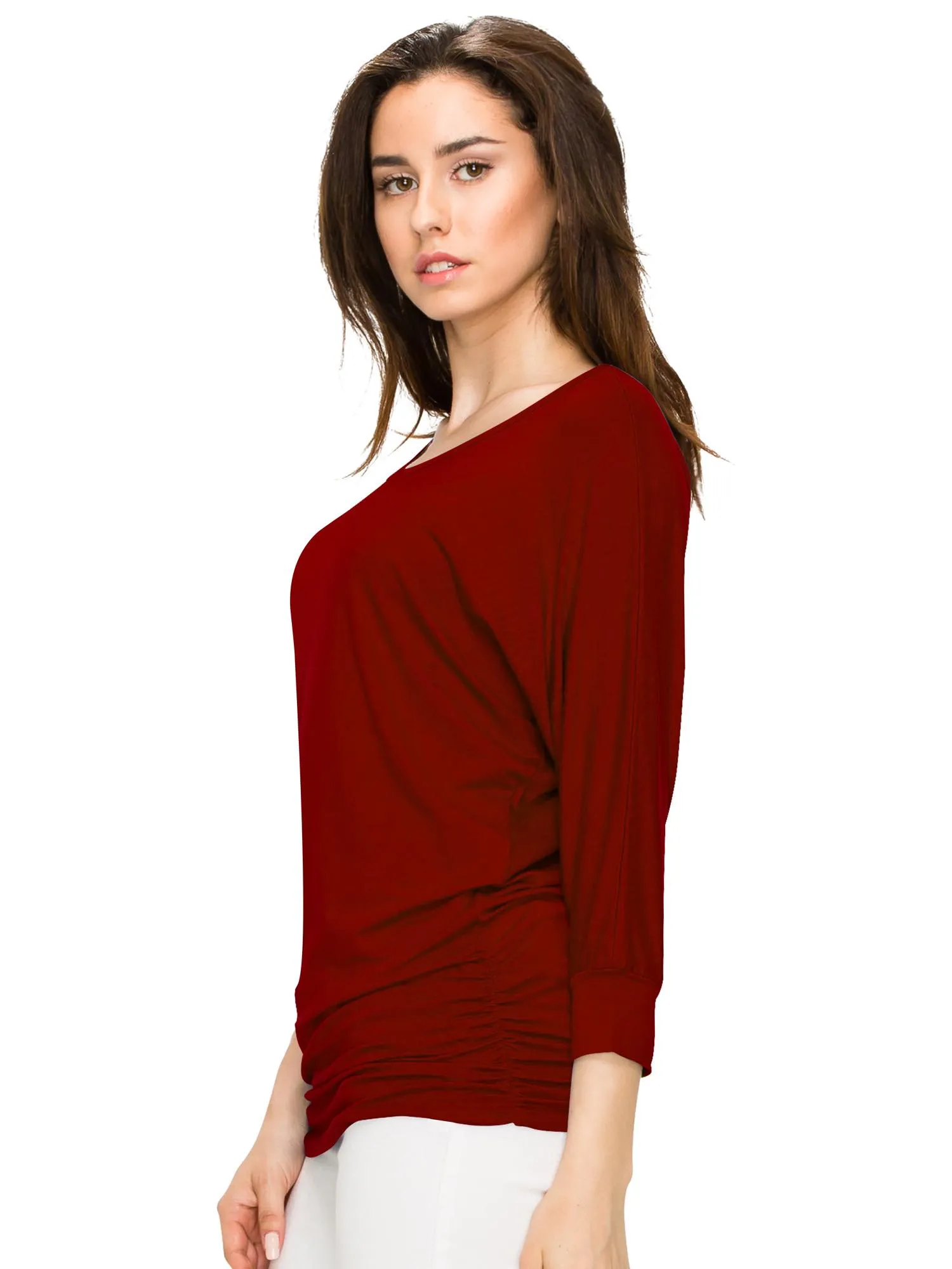 Women's Crew Neck 3/4 Sleeve Drape Dolman Top with Side Shirring