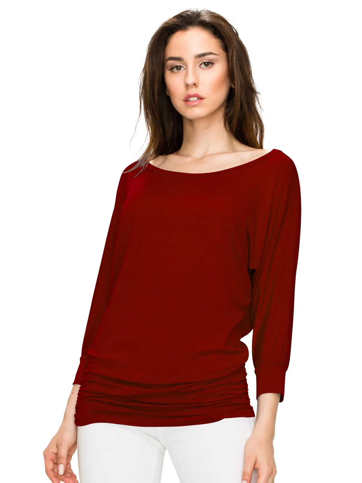 Women's Crew Neck 3/4 Sleeve Drape Dolman Top with Side Shirring