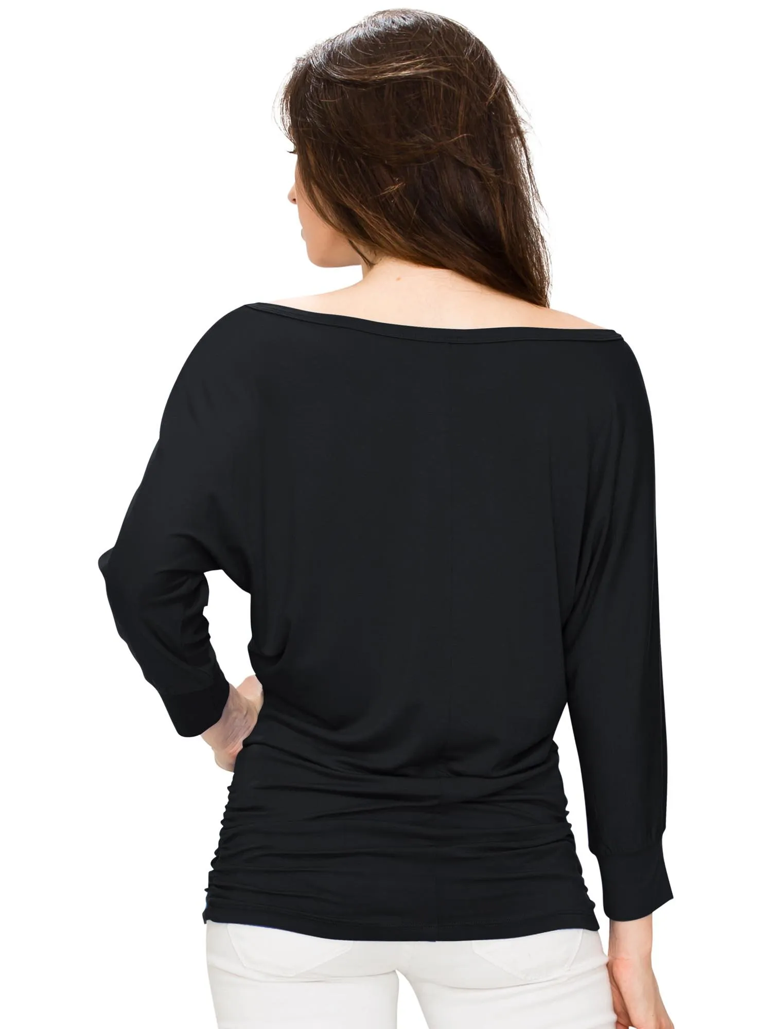 Women's Crew Neck 3/4 Sleeve Drape Dolman Top with Side Shirring