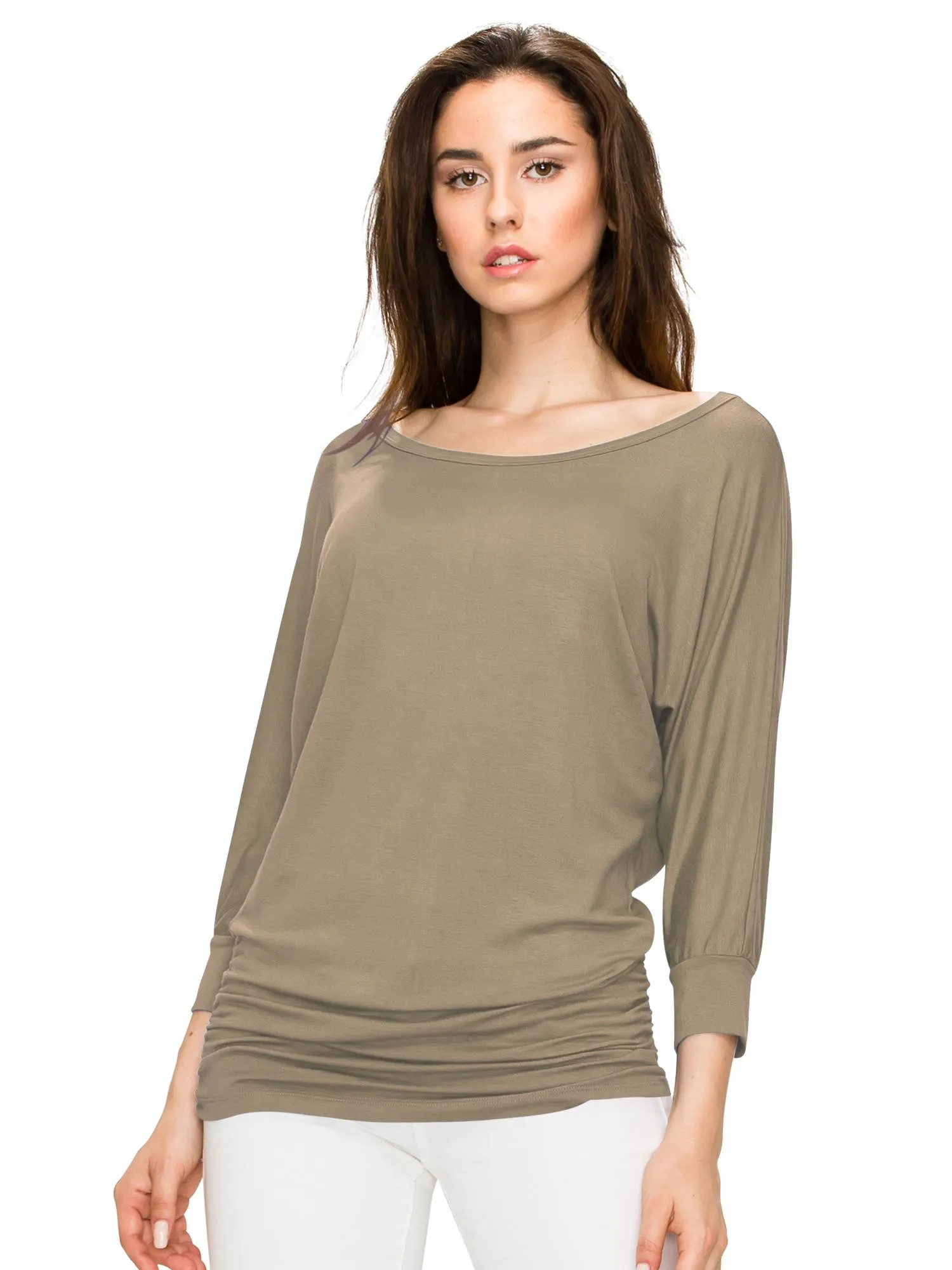 Women's Crew Neck 3/4 Sleeve Drape Dolman Top with Side Shirring