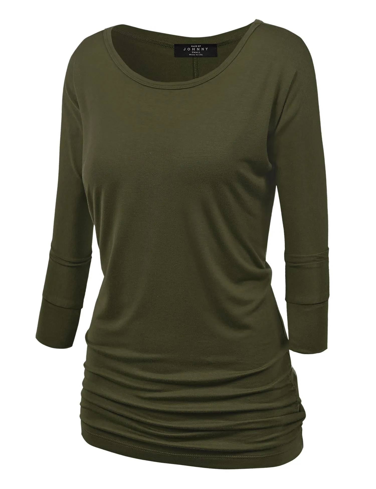 Women's Crew Neck 3/4 Sleeve Drape Dolman Top with Side Shirring