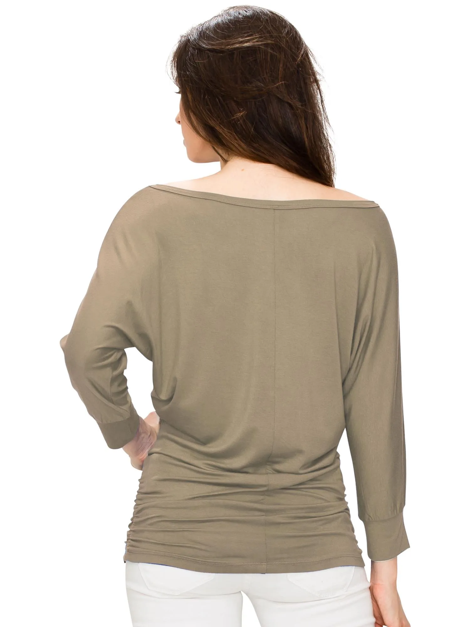 Women's Crew Neck 3/4 Sleeve Drape Dolman Top with Side Shirring