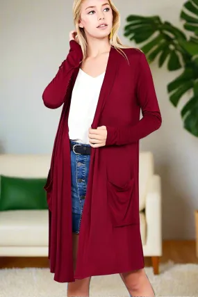 Womens Maroon Cardigan | Open Front Sweater | Long Duster