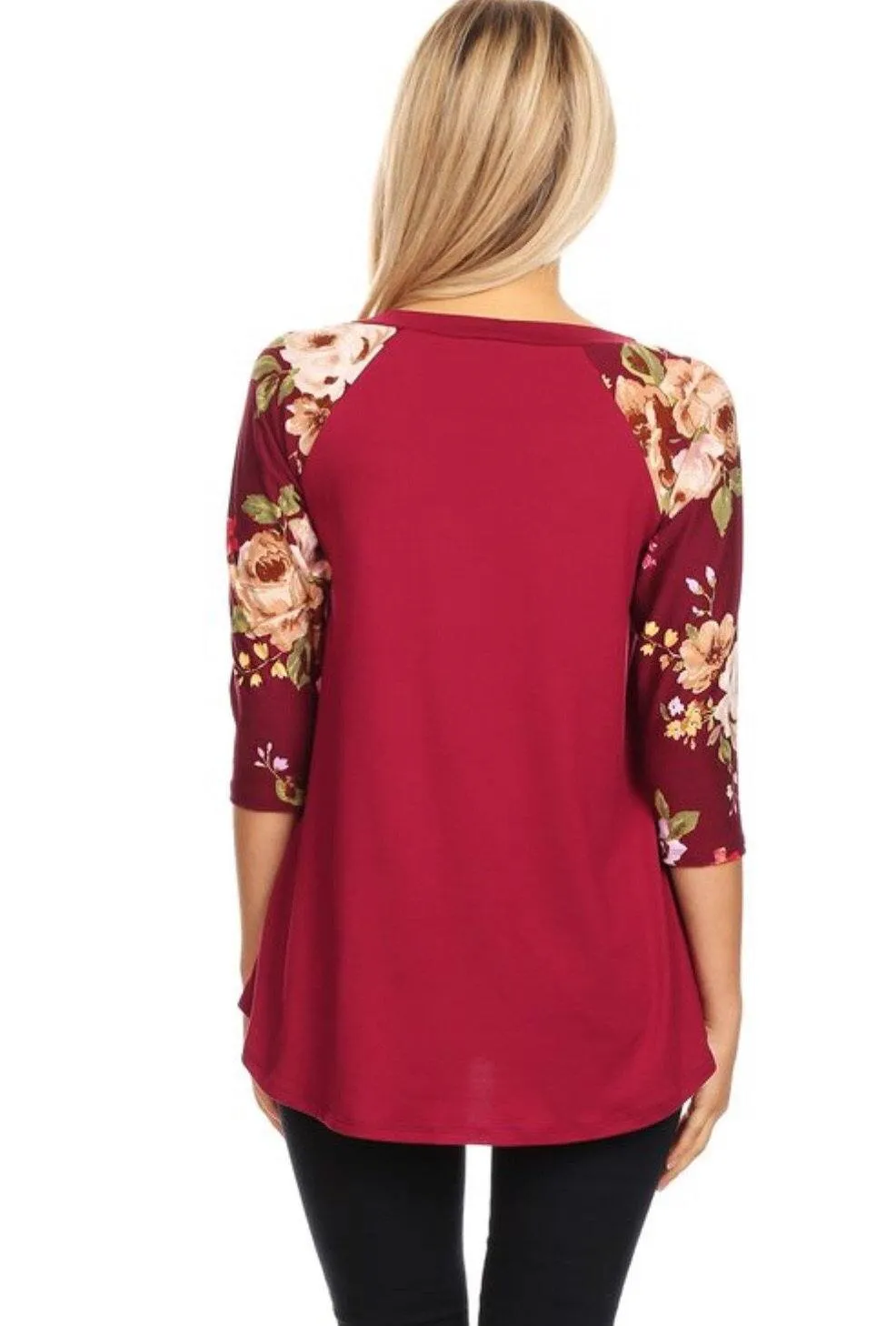 Womens Maroon Top | 3/4 Sleeve Shirt | Tropical Print Buttery Soft Shirt