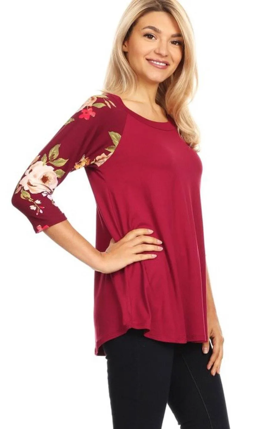 Womens Maroon Top | 3/4 Sleeve Shirt | Tropical Print Buttery Soft Shirt