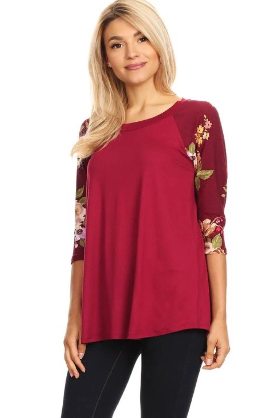 Womens Maroon Top | 3/4 Sleeve Shirt | Tropical Print Buttery Soft Shirt